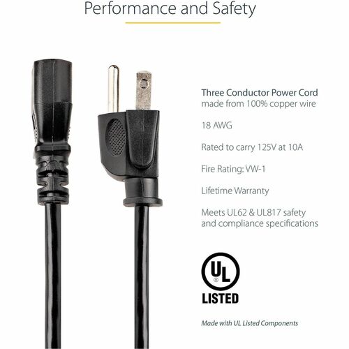 StarTech.com 6ft 1(1.8m) Computer Power Cord, NEMA 5-15P to C13, 10A 125V, 18AWG, Black Re