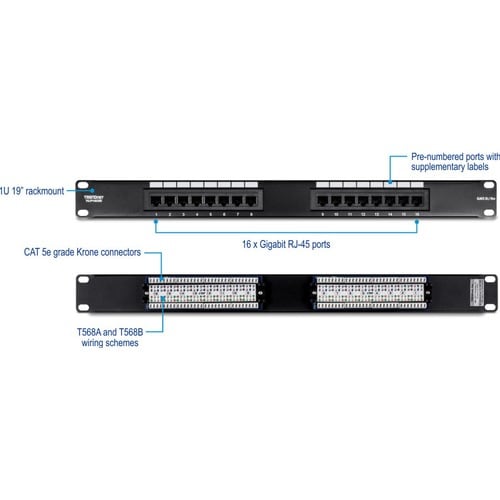 Panel de conexión sin blindaje Cat5/5e de 16 puertos TRENDnet