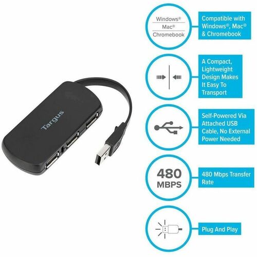 Concentrador USB Targus ACH114US de 4 puertos - USB tipo A - 4 puertos USB - 4 puertos USB 2.0 - PC, Mac