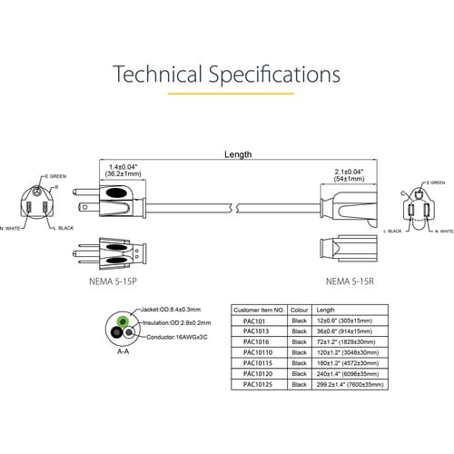 StarTech.com 15ft (4.5m) Power Extension Cord
