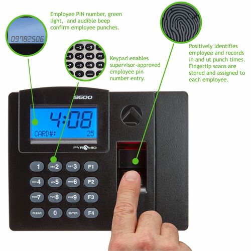 Reloj biométrico TimeTrax Elite de Pyramid Time Systems: biométrico, código de llave.
