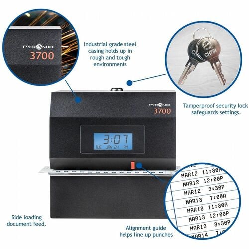 Pyramid Time Systems 3700 Horloge de pointage et tampon de documents robuste - Perforatrice de cartes/St