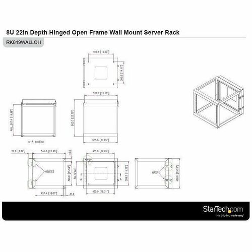 StarTech.com 4-Post 8U Hinged Wall-Mount Network Rack, 19" Open Frame