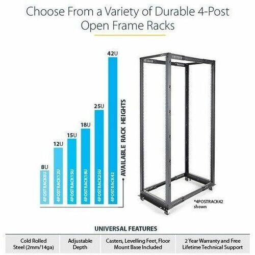 StarTech.com 4-Post 12U Mobile Open Frame Server Rack, 19" Network Rac