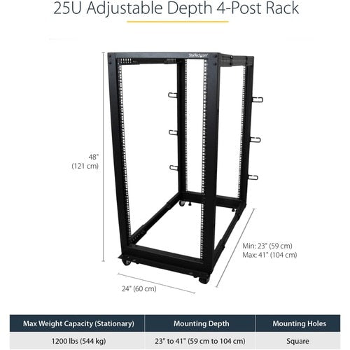 StarTech.com 4-Post 25U Mobile Open Frame Server Rack, 19in Network Ra