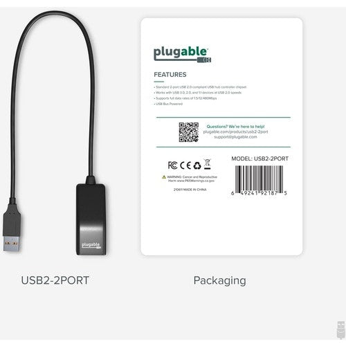 Répartiteur USB 2.0 ultra compact à 2 ports haute vitesse Plugable