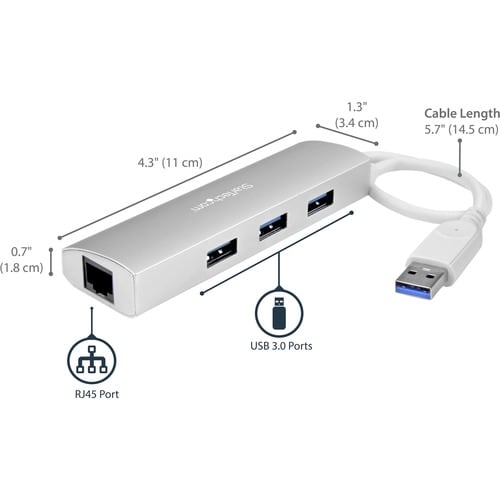 3PORT USB HUB WITH GIGABIT NETWORK ADAPTER SILVER USB 3 HUB
