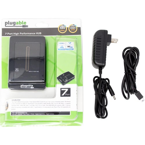 Plugable USB 2.0 7-Port High Speed Hub with 15W Power Adapter - USB 2.0 Type A