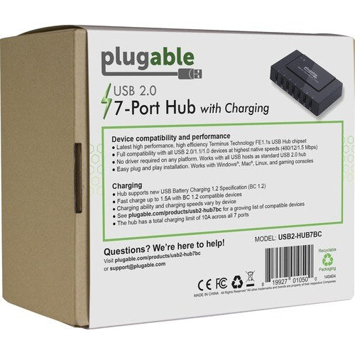 Hub de charge haute vitesse 7 ports USB 2.0 Plugable avec adaptateur secteur 60 W. - USB 2.0 Type A