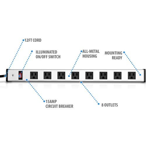 Regleta de enchufes industrial horizontal de metal V7 de 8 tomas, 125 V, 15 A y 12 pies.