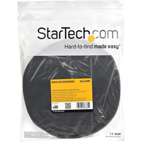 StarTech.com Hook-and-Loop Cable Management Tie - 50 ft. Bulk Roll - Black - Cut