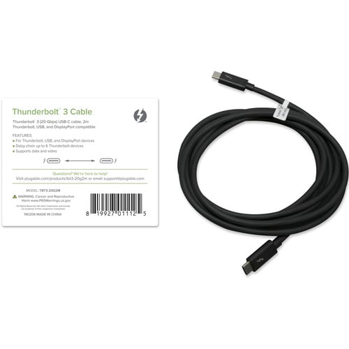 Plugable Thunderbolt 3 Cable 20Gbps Supports 100W (20V, 5A) Charging, 6.6ft/2m -