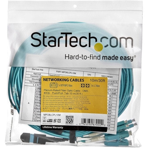 Cable de fibra óptica multimodo OM3 dúplex de StarTech.com de 10 m (30 pies) MTP(F)/PC a 4 LC/PC