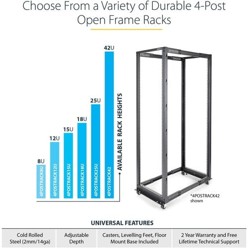 StarTech.com 4-Post 15U Mobile Open Frame Server Rack, 19" Network Rac