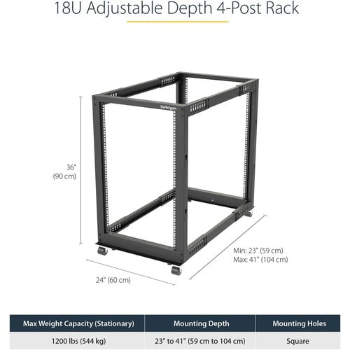 StarTech.com 4-Post 18U Mobile Open Frame Server Rack, 19" Network Rac