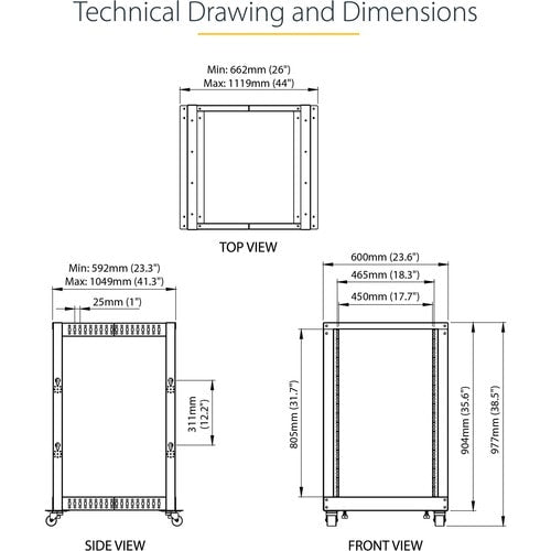 StarTech.com 4-Post 18U Mobile Open Frame Server Rack, 19" Network Rac