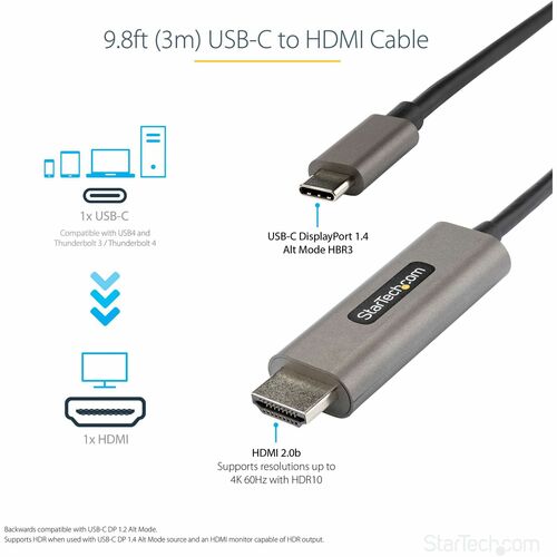 StarTech.com 10ft (3m) USB C to HDMI Cable 4K 60Hz with HDR10