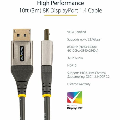 StarTech.com 10ft (3m) VESA Certified DisplayPort 1.4 Cable