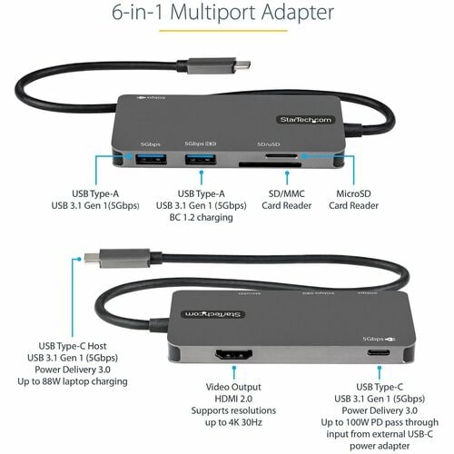 ADAPTADOR MULTIPUERTO USB-C 4K HDMI 100W PD 3.0 PASO A TRAVÉS/SD+MICROSD