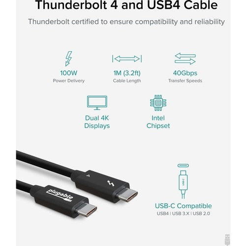 Plugable Thunderbolt 4 Data Transfer Cable - 3.3 ft (1 m) Thunderbolt 4 Data Tra