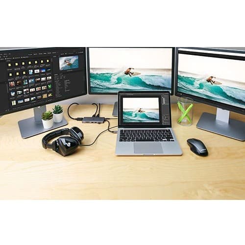 Base compacta IOGEAR USB-C Triple HD con PD 3.0 para portátiles, tabletas, estaciones de trabajo y monitores