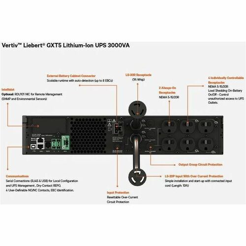 UPS en línea de iones de litio Vertiv Liebert GXT5 de 3000 VA/2700 W, 120 V, torre/rack