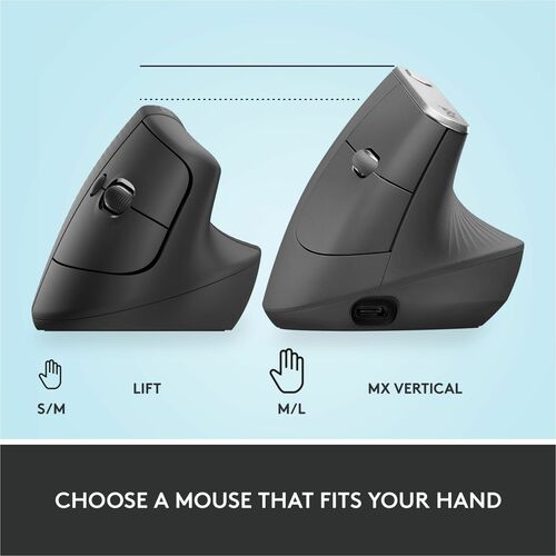 Logitech Lift Vertical Ergonomic Mouse (Graphite) - Optical - Wireless