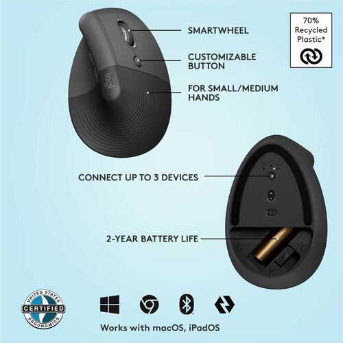 Logitech Lift Vertical Ergonomic Mouse (Graphite) - Optical - Wireless