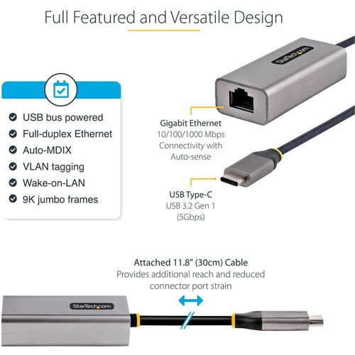 ADAPTADOR USB-C A RJ45 ENET GRIS Y NEGRO DE 30 CM PARA WIN/MACOS/LINUX