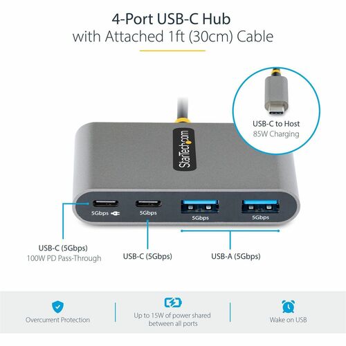 StarTech.com 4-Port USB-C Hub with 100W Power Delivery Pass