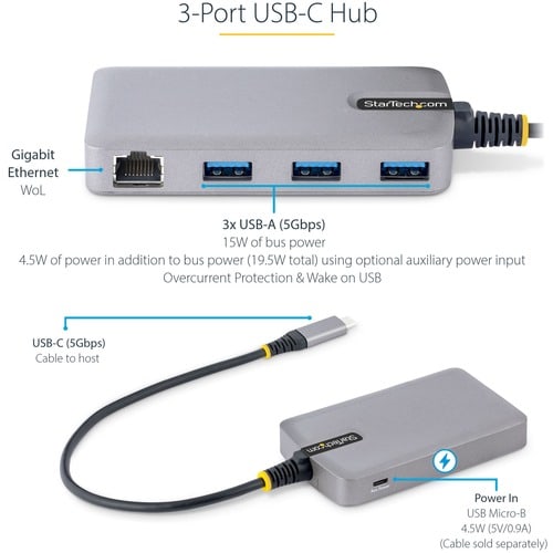 Hub USB-C 3 ports StarTech.com avec Ethernet, 3 ports USB