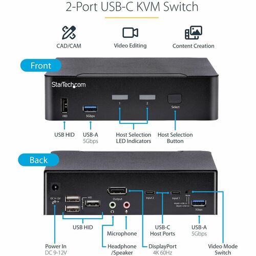 Commutateur KVM DP 2 ports USB C 4K 60 Hz 3,5 mm et audio USB