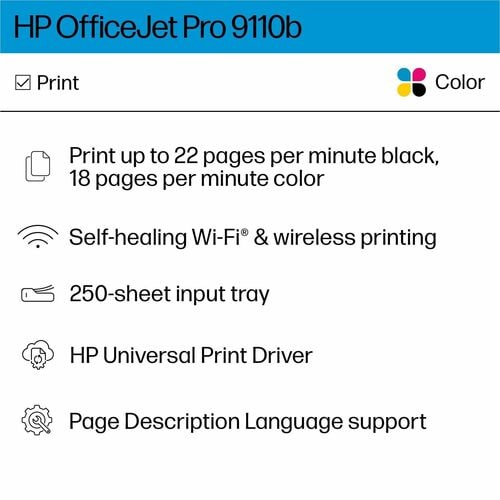 Impresora de inyección de tinta transparente OfficeJet Pro 9110B, color P/S/C/F, alimentador automático de documentos (ADF), ENET, USB, WL 1200 x 1200
