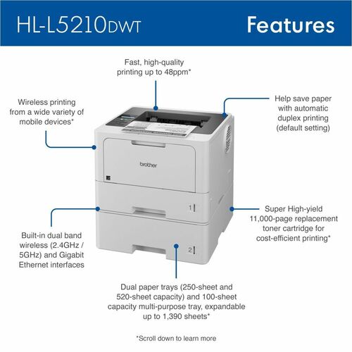 Imprimante laser sans fil de bureau Brother HL-L5210DW - Monochrome