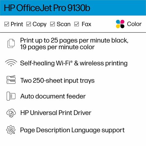 OFFICEJET PRO 9130B CLR INJET P/S/C/F ADF ENET USB WL 1200X1200