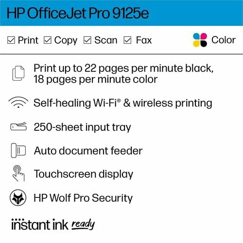 Impresora de inyección de tinta transparente OfficeJet Pro 9125E, color P/S/C/F, alimentador automático de documentos (ADF), USB, WL 1200 x 1200