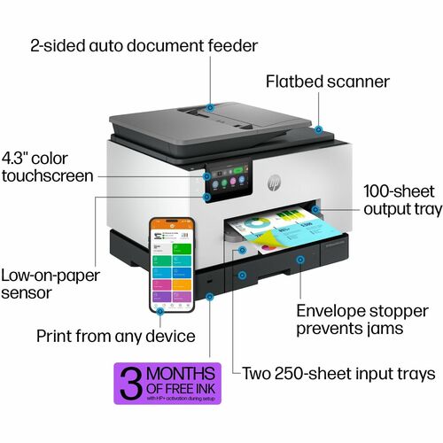 Impresora de inyección de tinta OfficeJet Pro 9135E transparente, color P/S/C/F, ENET, USB, WL, 1200 x 1200, 512 MB