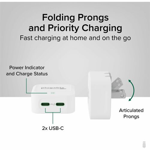 Plugable Dual USB C Charger Block, 40W Foldable 2