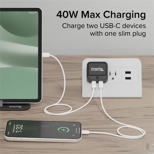 Plugable Dual USB C Wall Charger, 40W Foldable 2