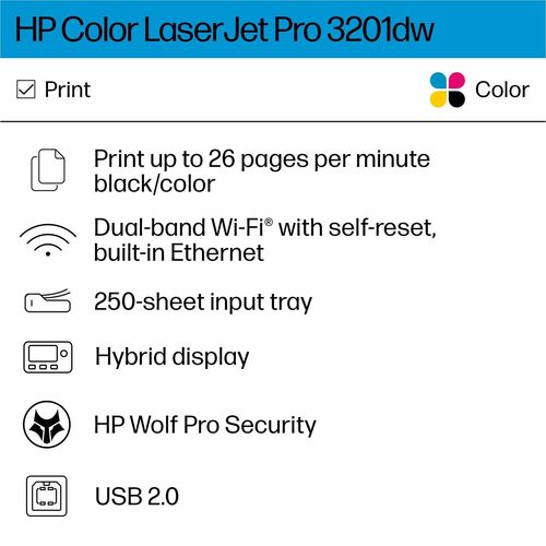 Impresora láser LaserJet Pro 3201 CLR P/S/C/F ENET USB WL 600x600 512 MB 35 ppm