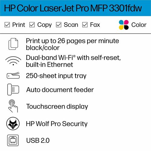 Impresora láser LaserJet Pro 3301 CLR P/S/C/F ENET USB WL 600x600 512 MB 35 ppm