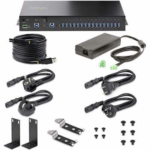 StarTech.com 16-Port Industrial USB 5Gbps Hub with Power Adapter, Mount
