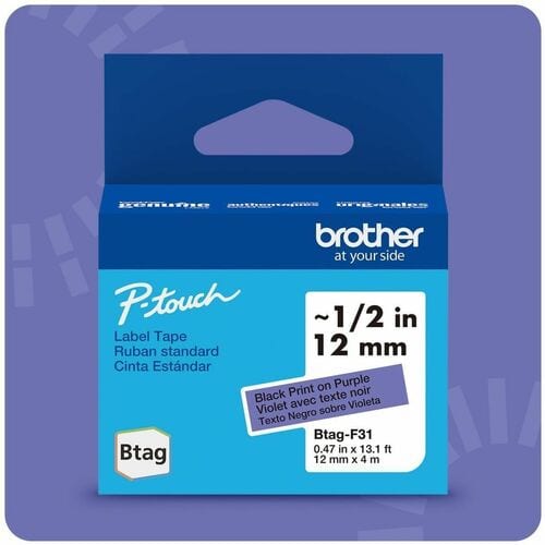 Cinta de etiquetas Brother P-touch BTAG-F31, negra sobre violeta, 12 mm (15/32") de ancho x 13