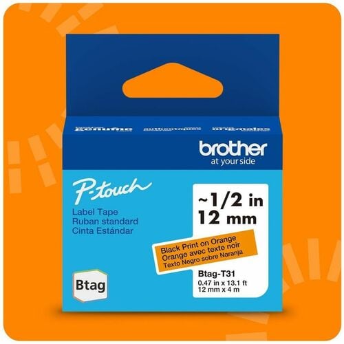 Cinta de etiquetas Brother P-touch BTAG-T31, negra sobre naranja, 12 mm (15/32") de ancho x 13