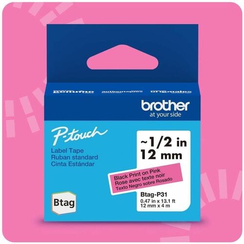 Ruban d'étiquettes noir sur rose Brother P-touch BTAG-P31 - 15/32" (12 mm) de largeur x 13 1