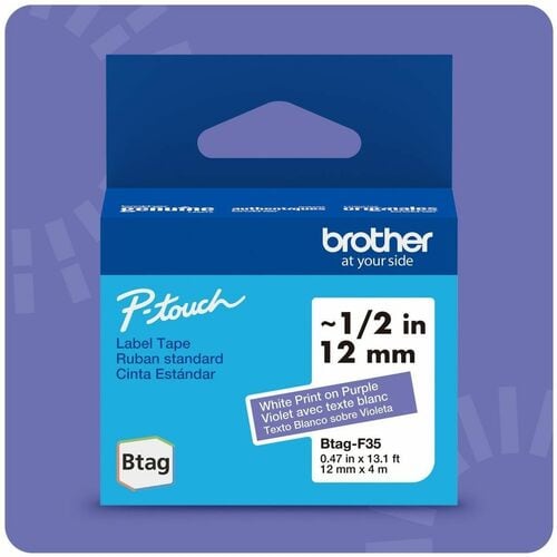 Cinta de etiquetas Brother P-touch BTAG-F35 blanca sobre violeta - 15/32" (12 mm) de ancho x 13