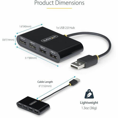 StarTech.com 4-Port USB 2.0 Hub, USB Bus Powered, Small Travel Mini USB Hub, Multi