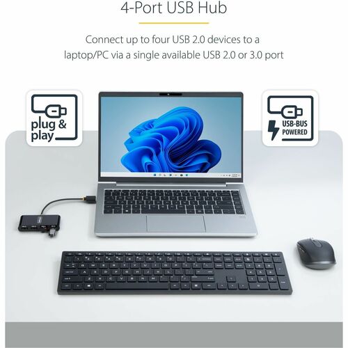 StarTech.com 4-Port USB 2.0 Hub, USB Bus Powered, Small Travel Mini USB Hub, Multi