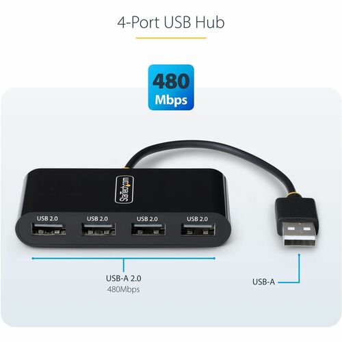 StarTech.com 4-Port USB 2.0 Hub, USB Bus Powered, Small Travel Mini USB Hub, Multi
