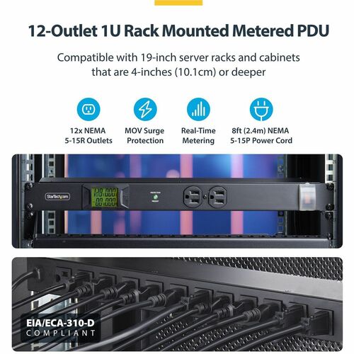 StarTech.com PDU 12 prises à montage en rack horizontal avec compteur, alimentation serveur 1U